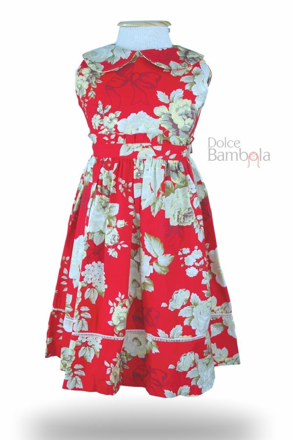 Vestido vermelho com flores creme