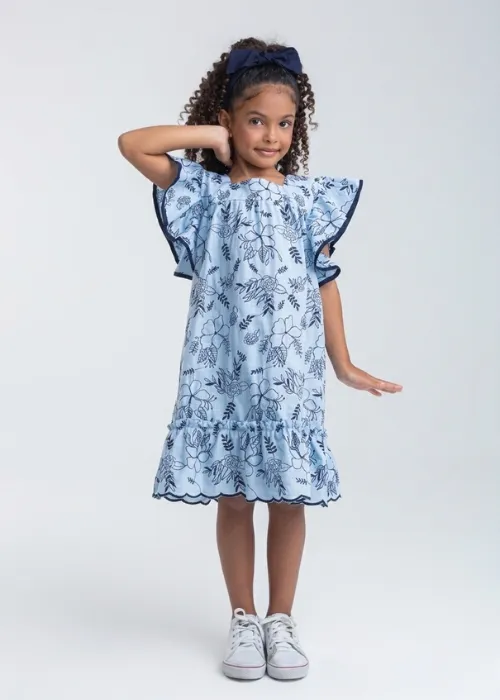 Vestido Bordado de Algodão Azul