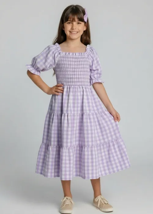 Vestido de Algodão Lilás com Lastex